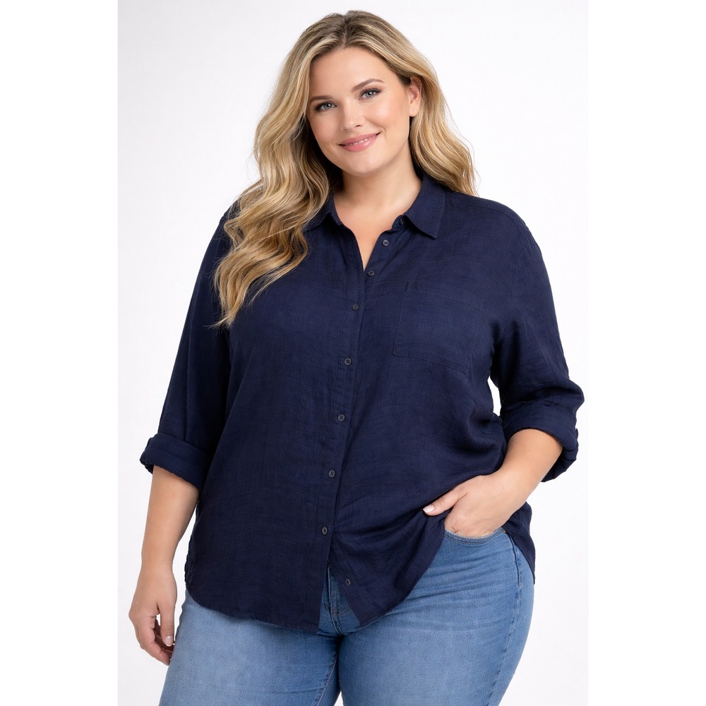 Susan‎ Graver Navy Linen Viscose Shirt Top XL Petite Boho Coastal Lagenlook Chic